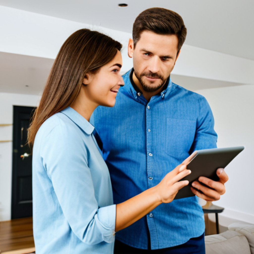 A fully clothed female homeowner in modest, casual-professional attire, thoughtfully discussing smart home plans with a male professional consultant in a well-lit, contemporary living room. They are reviewing digital schematics on a tablet, showcasing collaborative planning for comfort and efficiency. Subtle smart devices are integrated into the background. The scene emphasizes clear communication and personal vision. Safe for work, appropriate content, family-friendly, perfect anatomy, correct proportions, natural pose, professional photography, high quality, well-formed hands, proper finger count, natural body proportions.