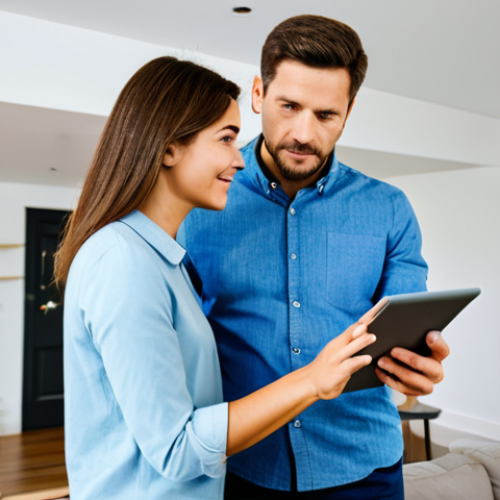 Home 6 A fully clothed female homeowner in modest, casual-professional attire, thoughtfully discussing smart home plans with a male professional consultant in a well-lit, contemporary living room. They are reviewing digital schematics on a tablet, showcasing collaborative planning for comfort and efficiency. Subtle smart devices are integrated into the background. The scene emphasizes clear communication and personal vision. Safe for work, appropriate content, family-friendly, perfect anatomy, correct proportions, natural pose, professional photography, high quality, well-formed hands, proper finger count, natural body proportions.