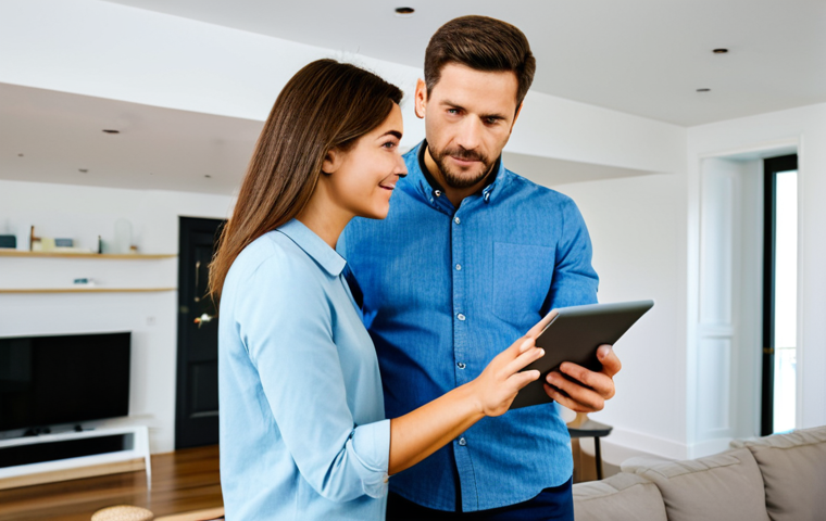 A fully clothed female homeowner in modest, casual-professional attire, thoughtfully discussing smart home plans with a male professional consultant in a well-lit, contemporary living room. They are reviewing digital schematics on a tablet, showcasing collaborative planning for comfort and efficiency. Subtle smart devices are integrated into the background. The scene emphasizes clear communication and personal vision. Safe for work, appropriate content, family-friendly, perfect anatomy, correct proportions, natural pose, professional photography, high quality, well-formed hands, proper finger count, natural body proportions.