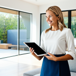A professional woman in a modest, contemporary business casual outfit, fully clothed, standing confidently in a brightly lit, modern living room. She is looking at a tablet displaying a smart home security interface, with a subtle smile indicating peace of mind. The background features clean lines, a large window with a pleasant, out-of-focus outdoor view, and tasteful minimalist decor. Perfect anatomy, correct proportions, natural pose, well-formed hands, proper finger count, natural body proportions, professional photography, high quality, high resolution, safe for work, appropriate content, family-friendly.