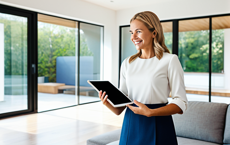 A professional woman in a modest, contemporary business casual outfit, fully clothed, standing confidently in a brightly lit, modern living room. She is looking at a tablet displaying a smart home security interface, with a subtle smile indicating peace of mind. The background features clean lines, a large window with a pleasant, out-of-focus outdoor view, and tasteful minimalist decor. Perfect anatomy, correct proportions, natural pose, well-formed hands, proper finger count, natural body proportions, professional photography, high quality, high resolution, safe for work, appropriate content, family-friendly.