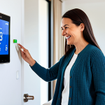 **

A woman in her late 30s, smiling warmly, inspecting a smart thermostat on a wall in a modern living room. She is wearing a modest cardigan and jeans, fully clothed, appropriate attire. The living room is bright and clean, with modern furniture.  Focus on the detail of the thermostat screen showing a software update notification. Safe for work, perfect anatomy, correct proportions, natural pose, professional photography, high quality, family-friendly.

**