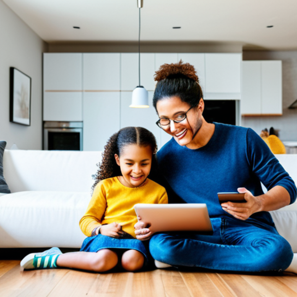 스마트홈 애플리케이션 사용법 - Family-Friendly Smart Home Scene**
*Prompt:* A brightly lit, modern living room showcasing a divers...
