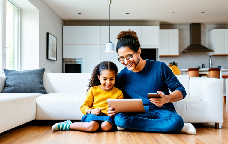 스마트홈 애플리케이션 사용법 - Family-Friendly Smart Home Scene**
*Prompt:* A brightly lit, modern living room showcasing a divers...