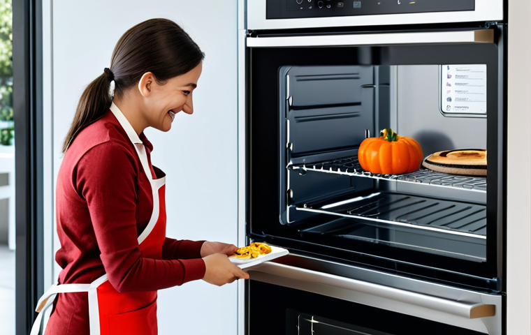 스마트홈 환경에 적합한 가전제품 - **Smart Kitchen Scene:** A modern, brightly lit kitchen featuring a sleek, stainless steel smart ove...