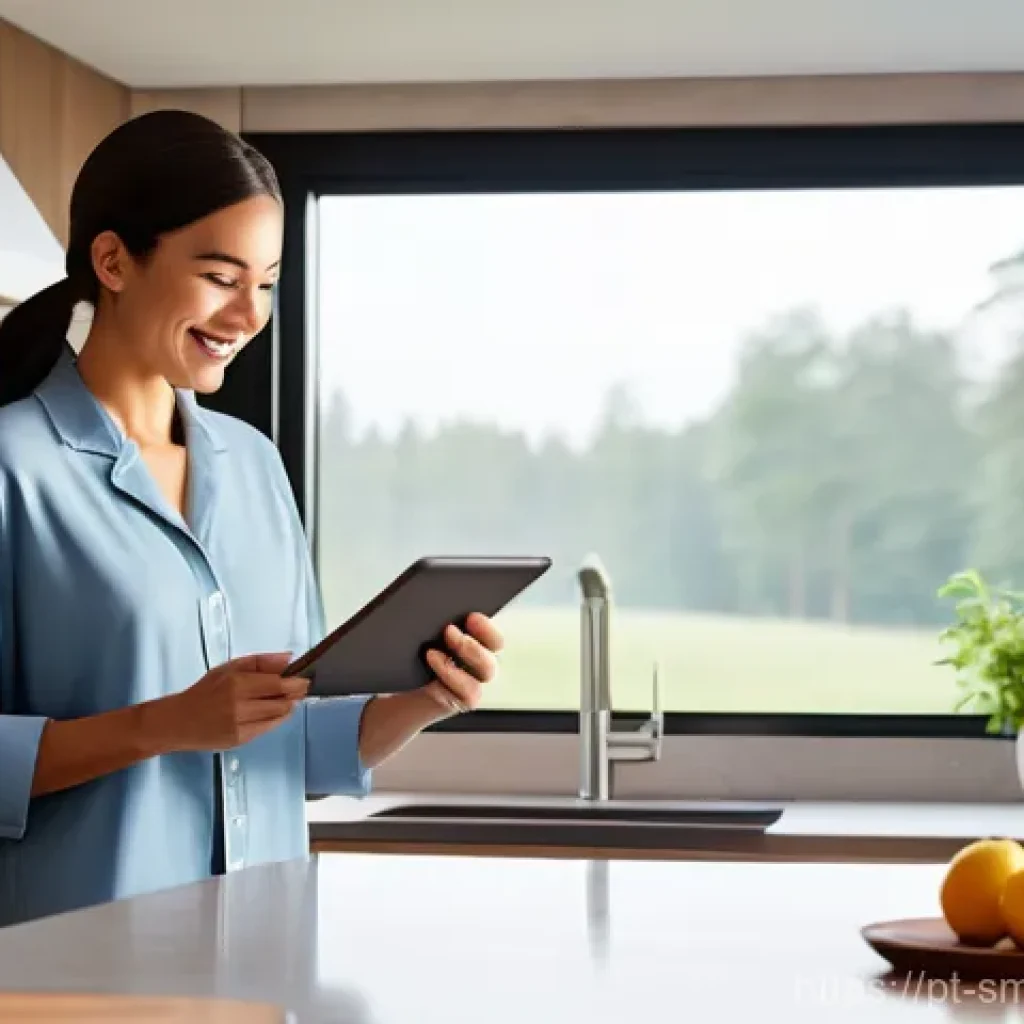 스마트홈 기기 설치 시 주의사항 - **Prompt 1: "Smart Morning Harmony"**
A bright, clean, and modern kitchen. A smiling adult (wear...