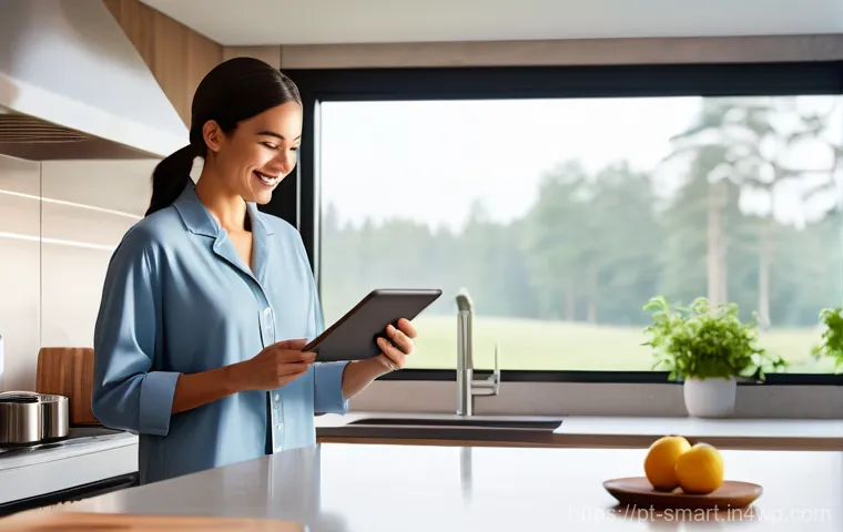 스마트홈 기기 설치 시 주의사항 - **Prompt 1: "Smart Morning Harmony"**
A bright, clean, and modern kitchen. A smiling adult (wear...