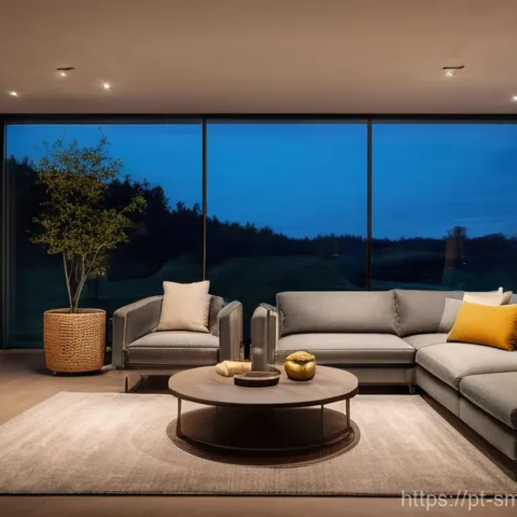 스마트홈으로 생활 편리하게 만드는 법 - **Smart Home Evening Ambiance:** A cozy and modern living room at dusk. Soft, warm, intelligent LED ...