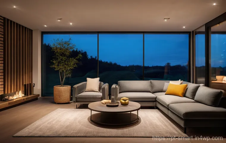 스마트홈으로 생활 편리하게 만드는 법 - **Smart Home Evening Ambiance:** A cozy and modern living room at dusk. Soft, warm, intelligent LED ...