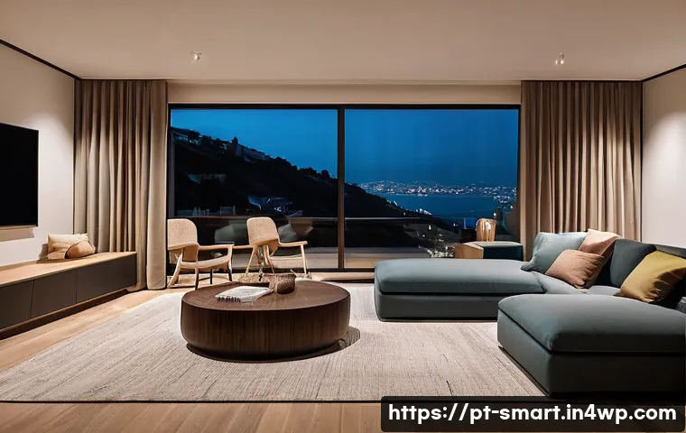 스마트홈에서의 사물인터넷 활용 - **Prompt 1: Cozy Smart Living Room Evening**
"A cozy and inviting living room in a modern Portug...