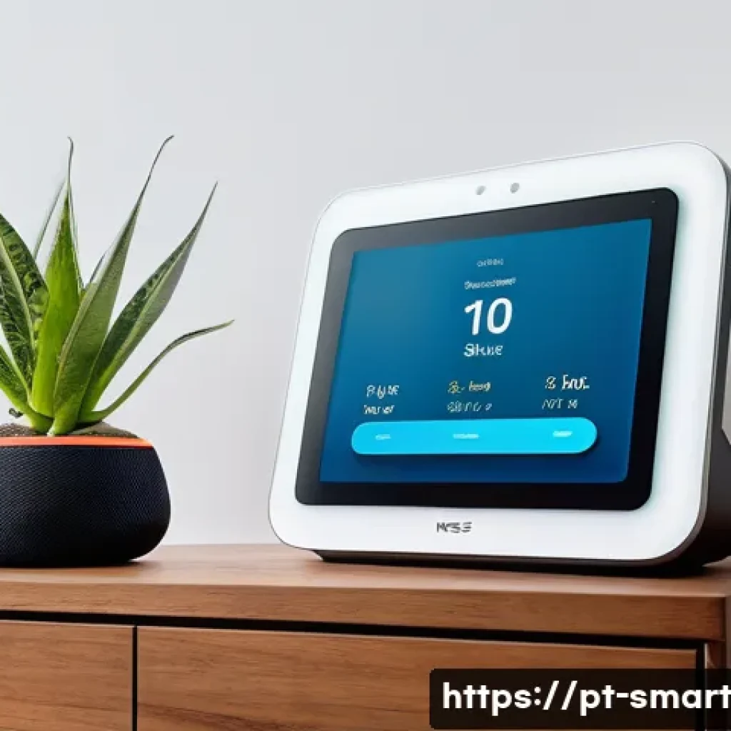 스마트홈 기기 설치 후 효과적인 사용법 - A modern Brazilian living room showcasing a smart home setup with multiple devices: a Google Nest Hu...