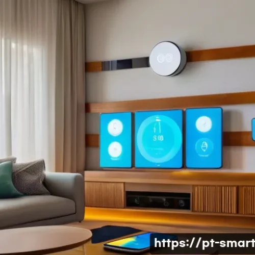 Home 33 스마트홈과 IoT 기술의 관계 - A modern Brazilian living room with smart home automation in use: a young adult woman controls light...