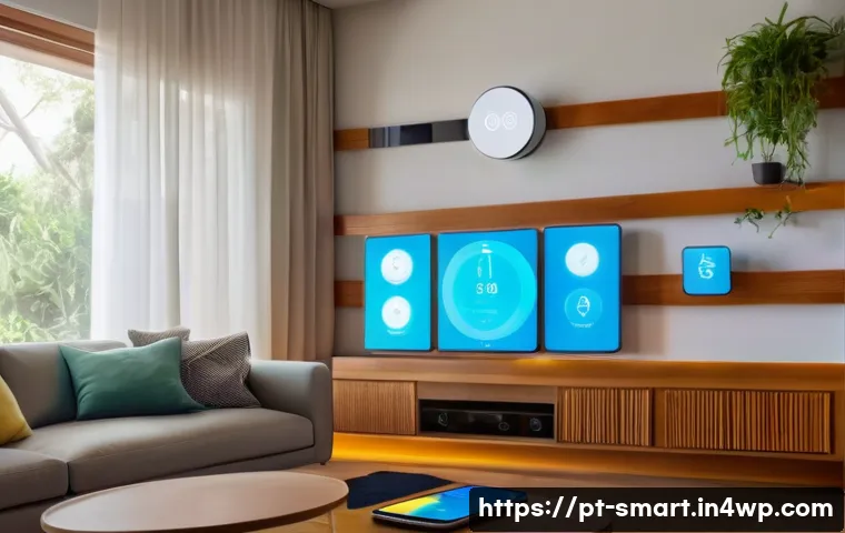 스마트홈과 IoT 기술의 관계 - A modern Brazilian living room with smart home automation in use: a young adult woman controls light...