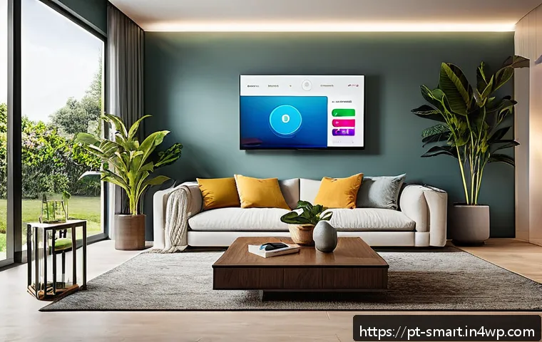 스마트홈 기기 자동화의 장점 - A modern Brazilian living room showcasing centralized smart home automation: sleek smartphone app in...