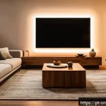 Home 19 스마트홈과 생활 편의성 증가 - A modern Brazilian living room at dusk, showcasing a smart home automation system in action: warm LE...