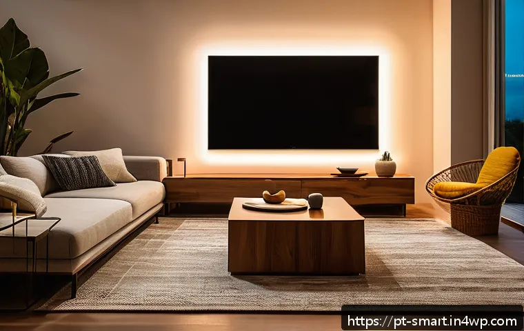 스마트홈과 생활 편의성 증가 - A modern Brazilian living room at dusk, showcasing a smart home automation system in action: warm LE...