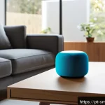 Home 23 스마트홈 환경을 위한 새로운 기술 - A modern Brazilian living room showcasing an integrated smart home setup with a Google Nest Hub on a...